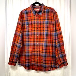 Wrangler Rugged Wear Button Up Shirt Mens Large Plaid Orange Long Sleeve Western